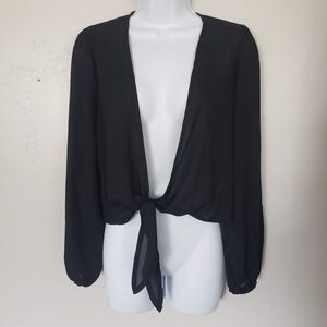 Nasty Gal Collection Size 2 Black Long Sleeve Plunge V-neck Crop Blouse Chiffon